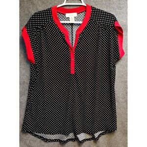 Diana Bell Women's Shirt Top Black & White Polka Dot with Red Trim, XL
